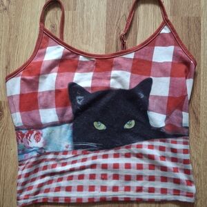 Cat Print Red Checkered Tank Top - Unbranded